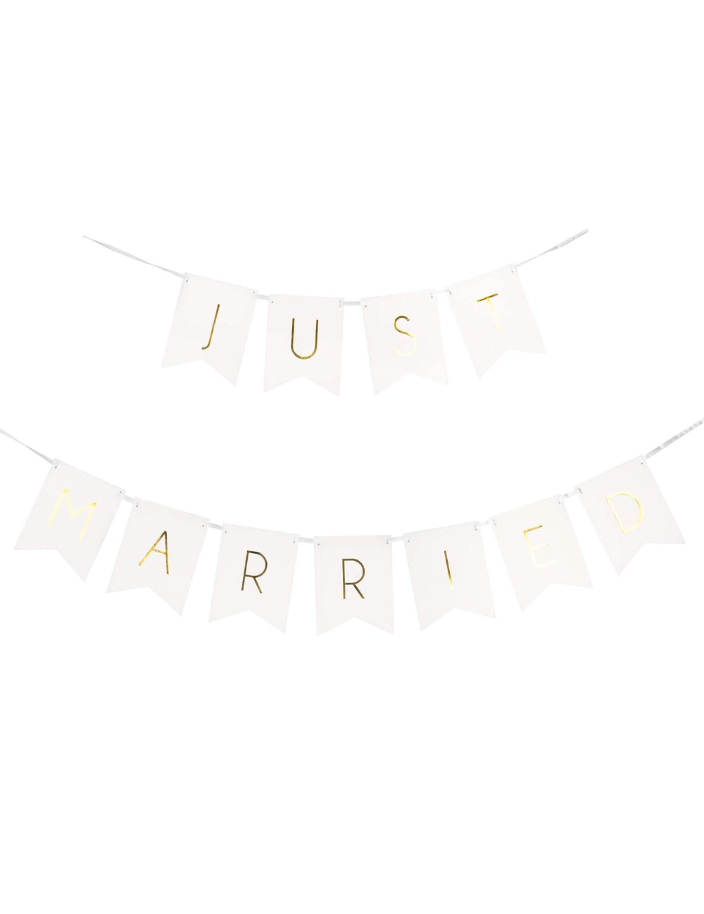 Vue de face de la guirlande à fanions Just Married pour mariage blanc et or en carton