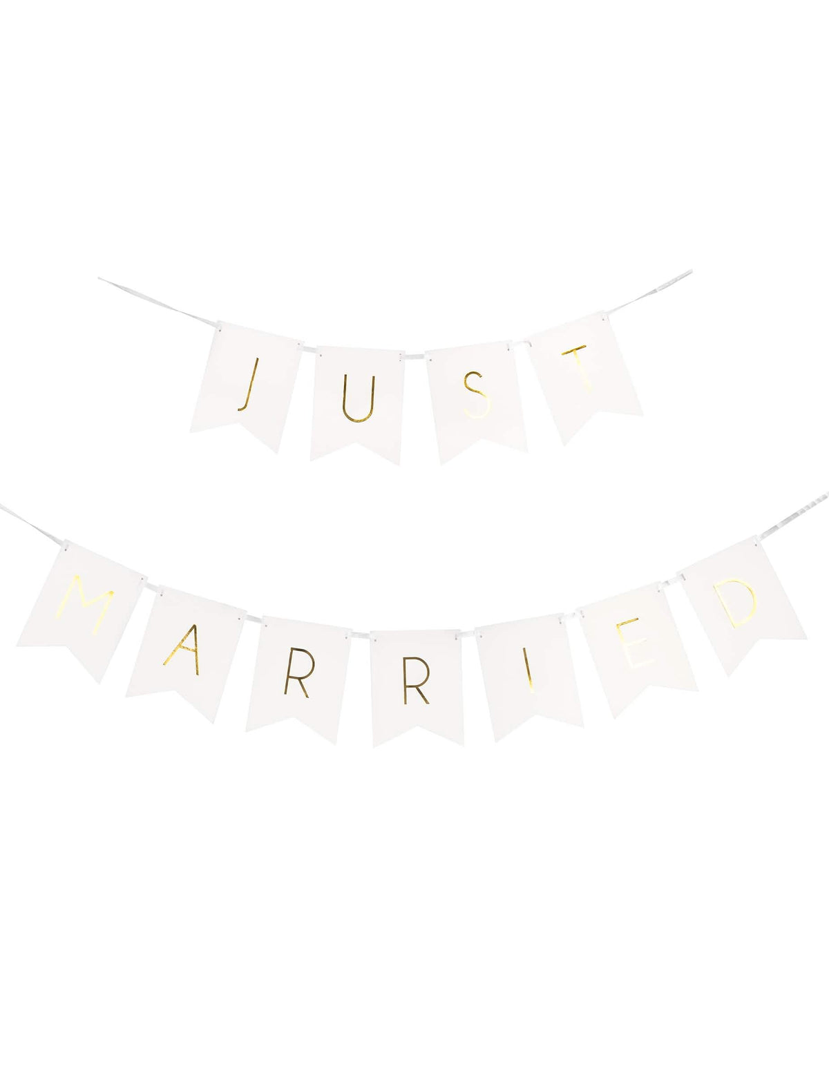 Vue de face de la guirlande à fanions Just Married pour mariage blanc et or en carton