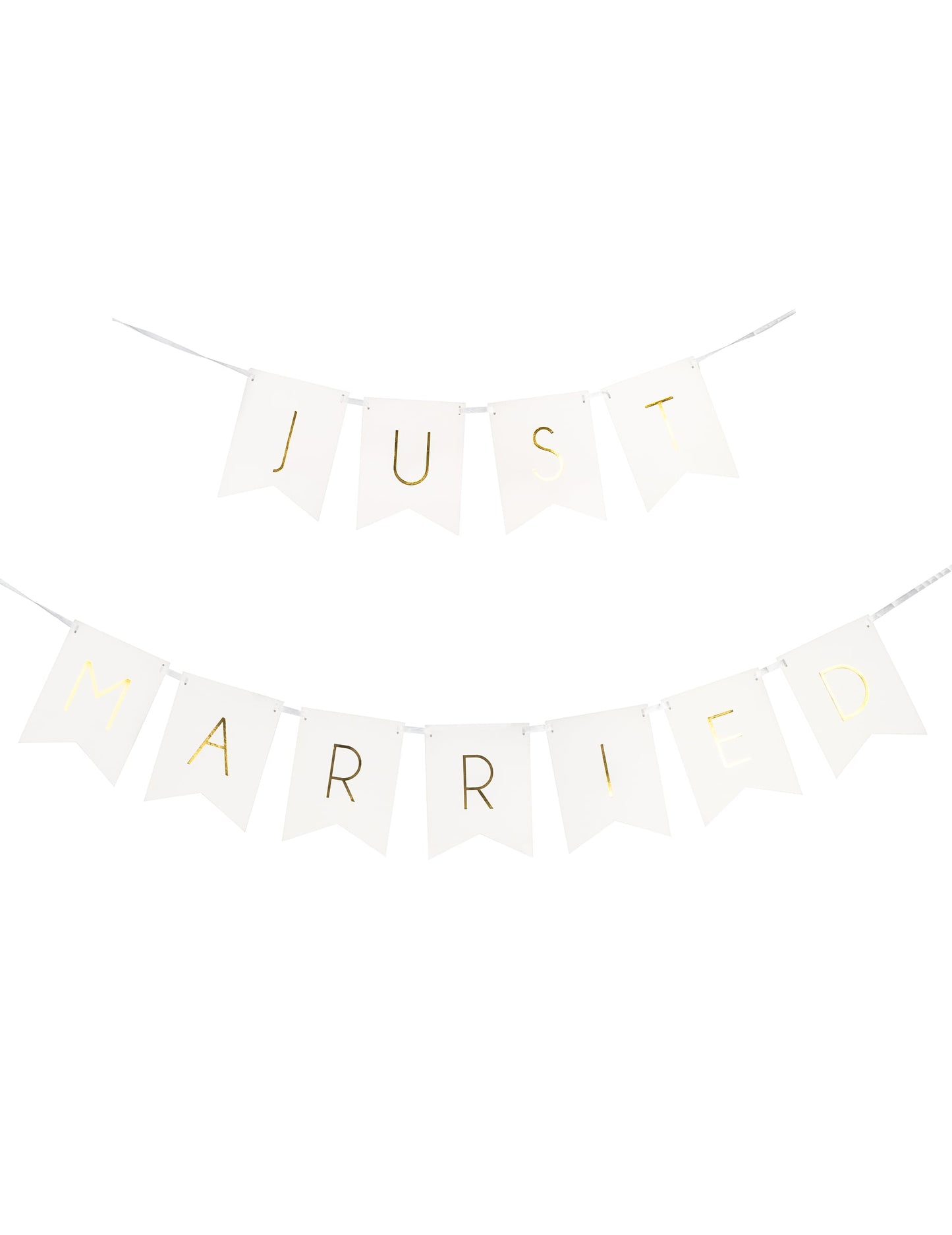 Vue de face de la guirlande à fanions Just Married pour mariage blanc et or en carton