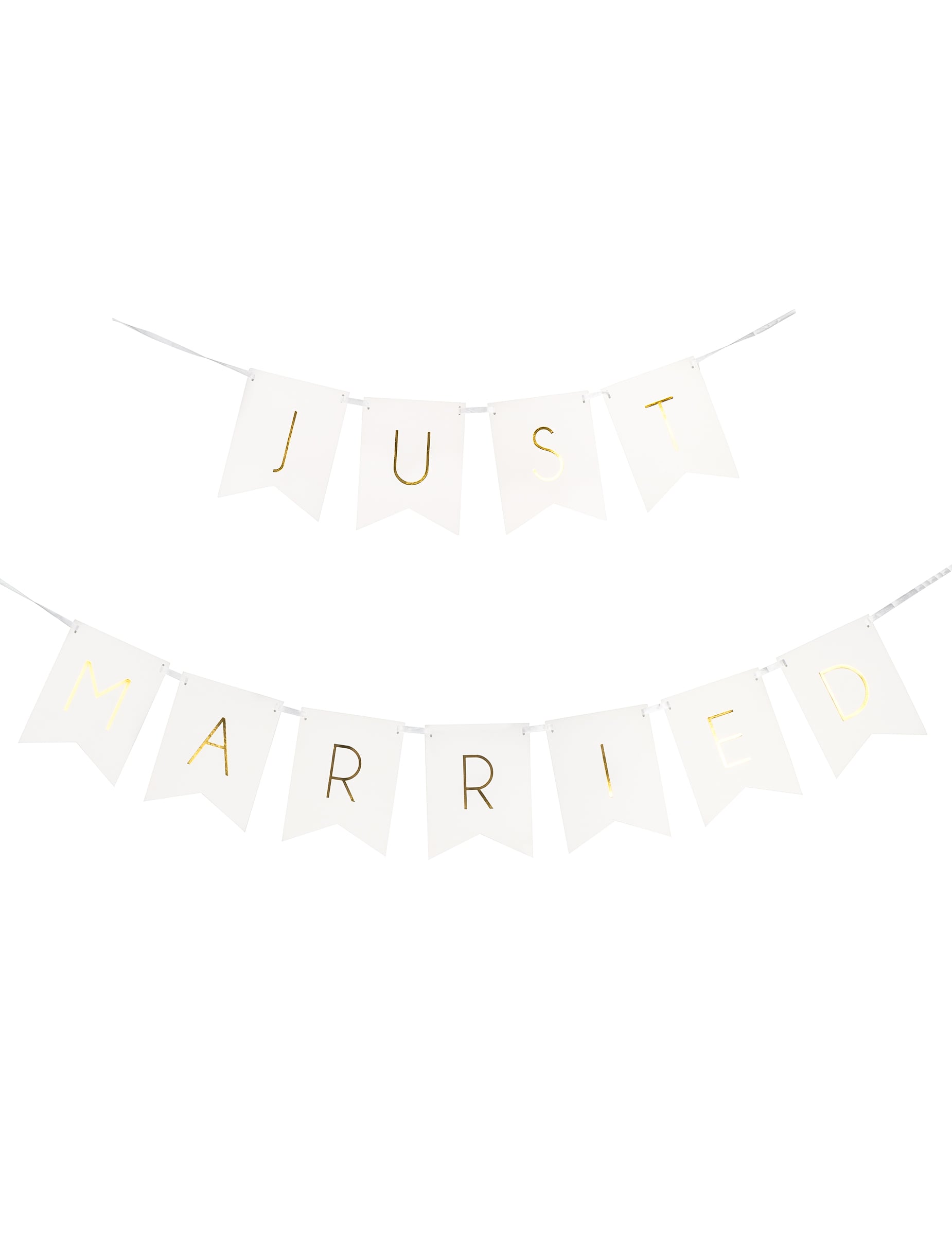 Vue de face de la guirlande à fanions Just Married pour mariage blanc et or en carton
