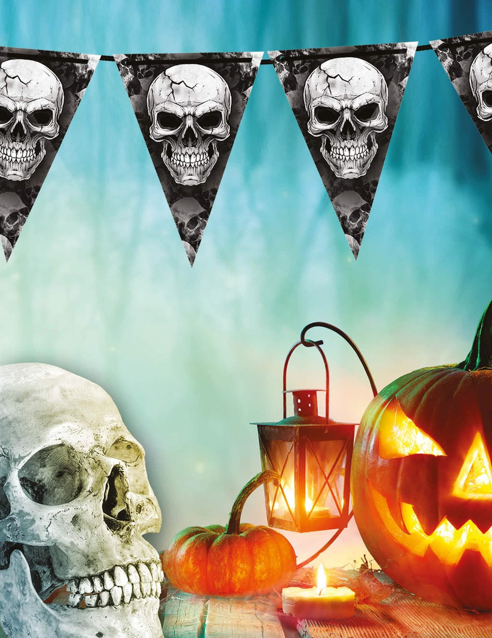Mise en situation d'Halloween de la guirlande à fanions tête de mort