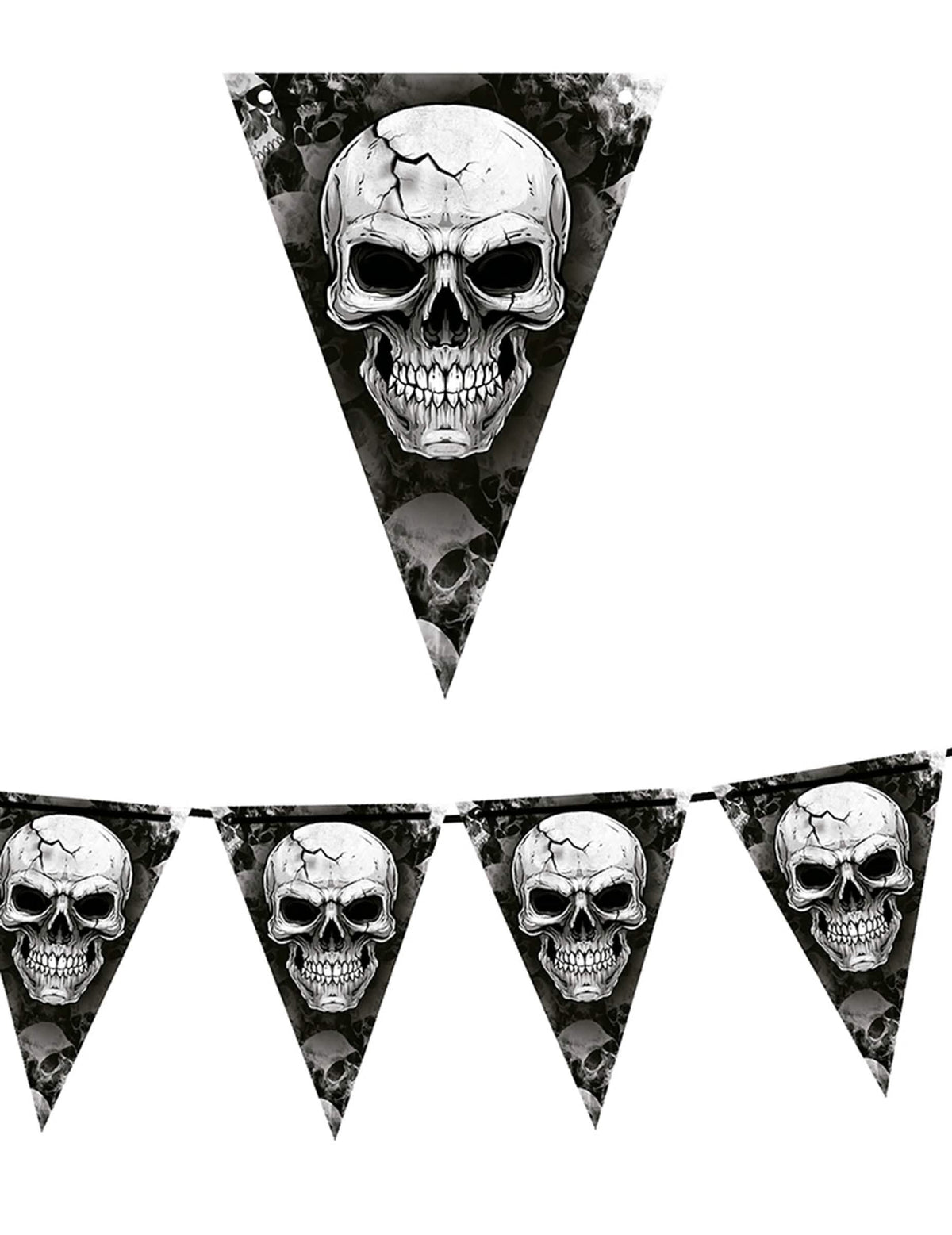 Détail des motifs de la guirlande à fanions tête de mort
