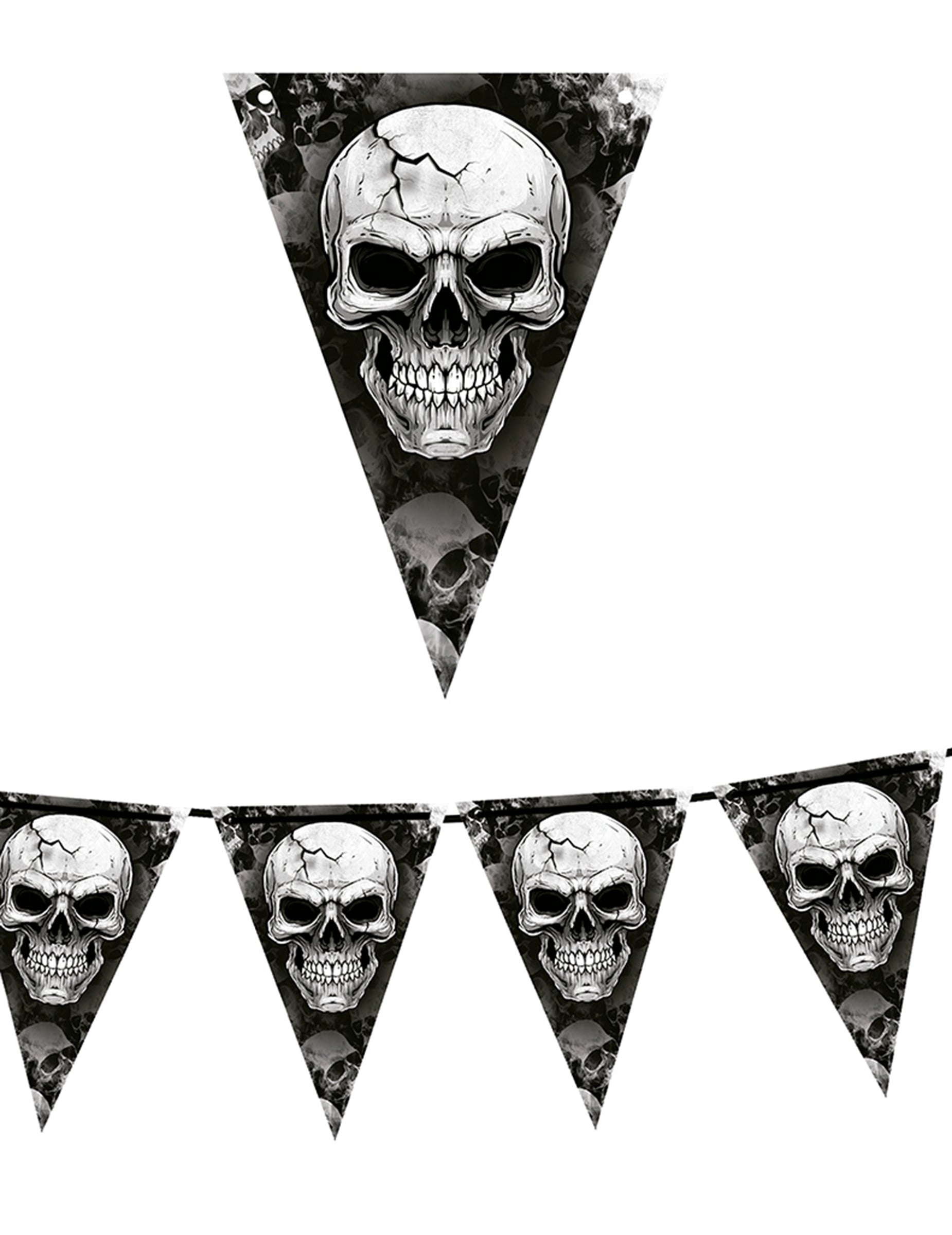 Détail des motifs de la guirlande à fanions tête de mort