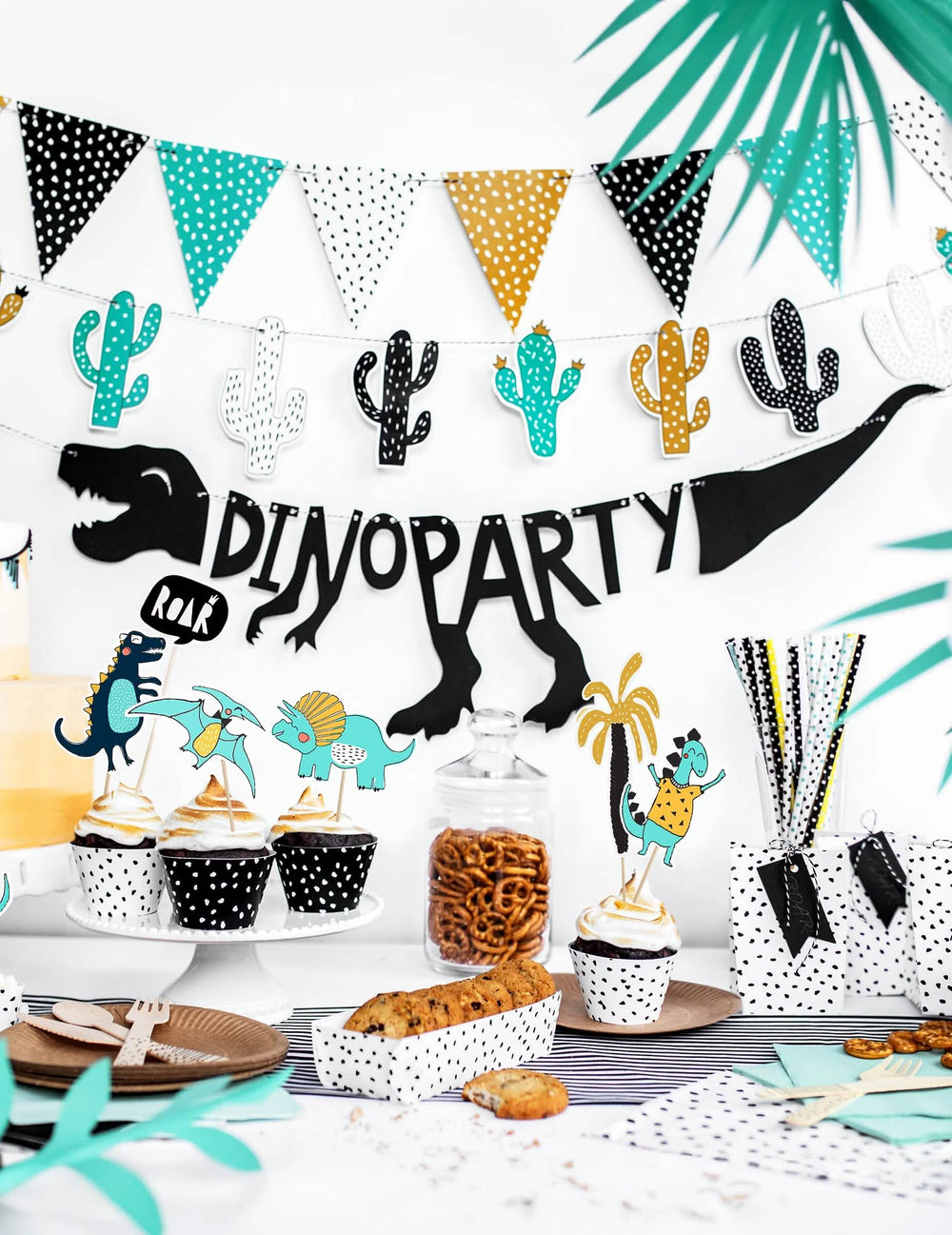 Décoration de table dinosaure de la guirlande de fanions à pois blanc pour fête multicolore en carton