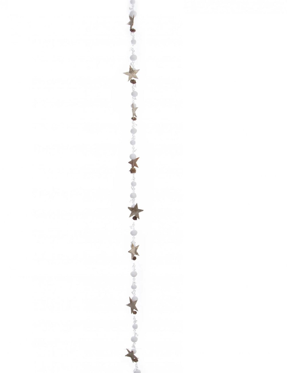 Guirlande en bois étoiles et boules de coton pour décoration blanche et marron avec pommes de pin