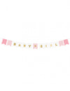 Guirlande en carton baby girl pour baby shower rose et blanc avec lettres dorées métallisées