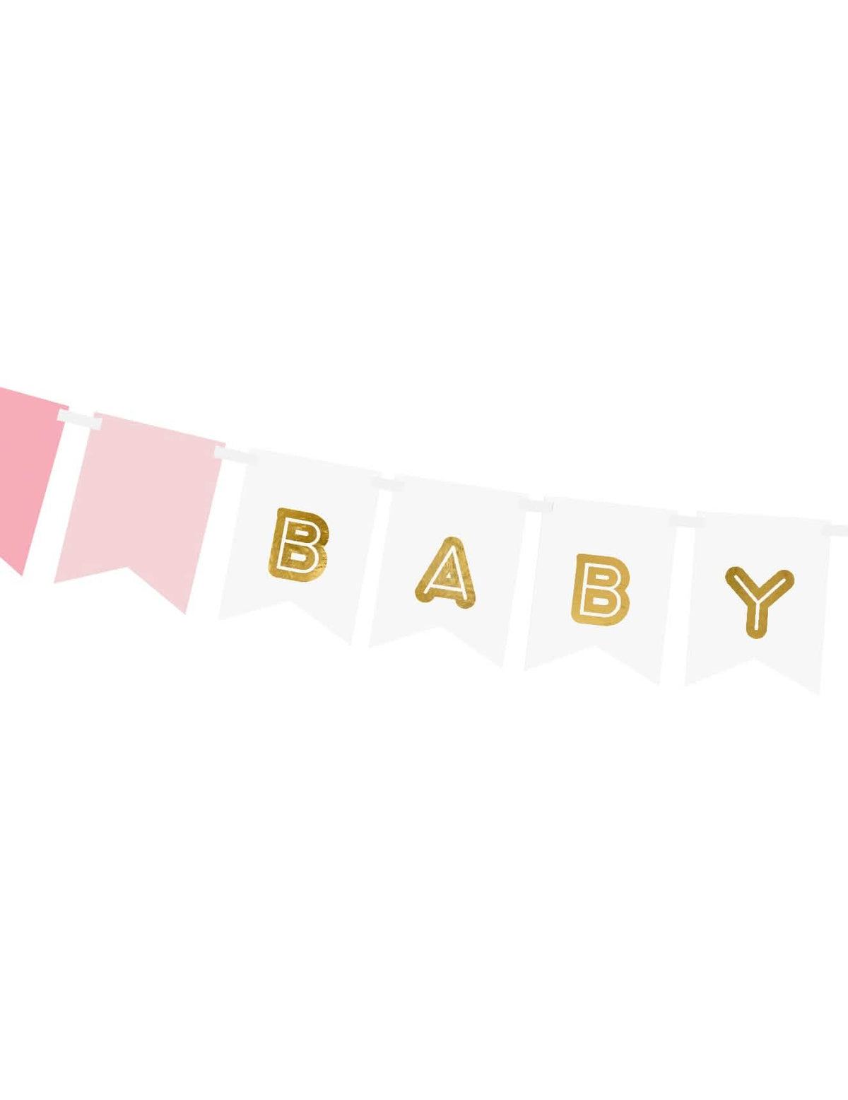 Gros plan sur les lettres dorées BABY de la guirlande en carton baby girl pour baby shower