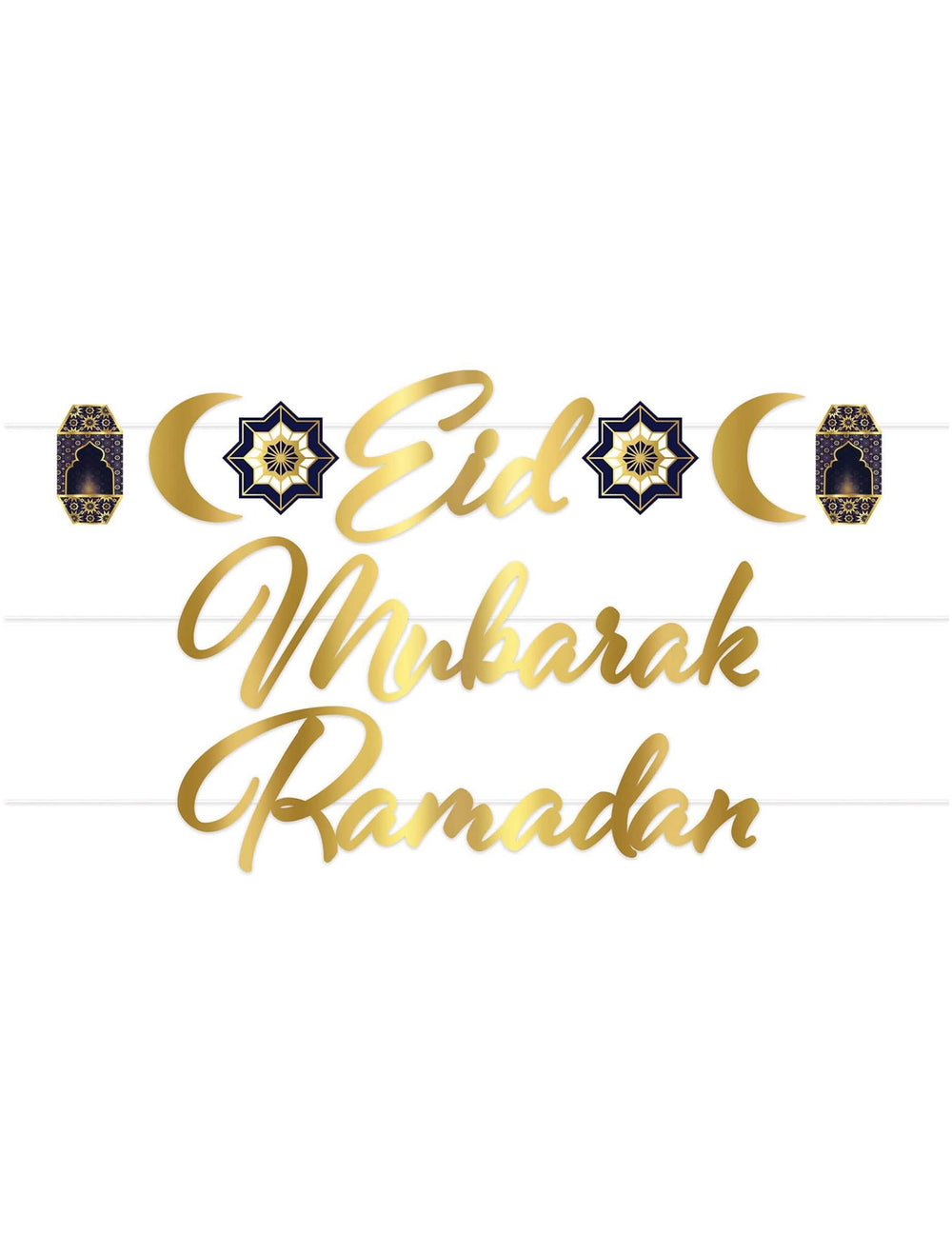 Kartonginen Aïd Mubarak -viirinauha kullan- ja sinisenväriseen koristeluun