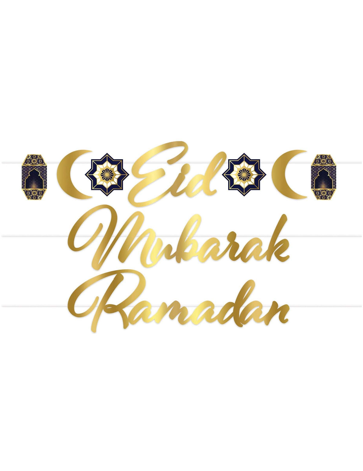 Kartonginen Aïd Mubarak -viirinauha kullan- ja sinisenväriseen koristeluun