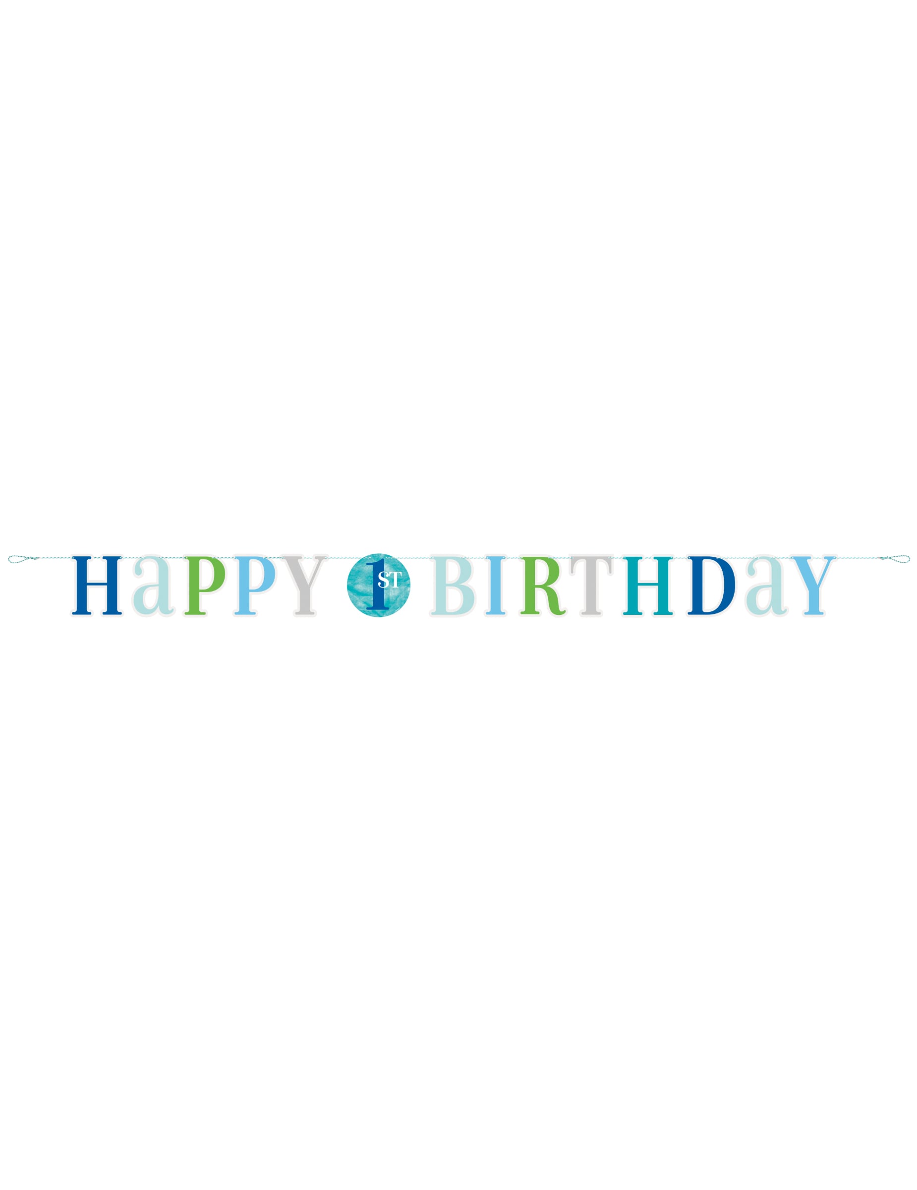 Vue d'ensemble de la guirlande en carton happy 1st birthday pour garçon bleue