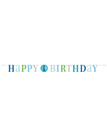 Vue d'ensemble de la guirlande en carton happy 1st birthday pour garçon bleue
