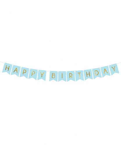 Guirlande en carton Happy Birthday pour anniversaire bleue et dorée métallisée