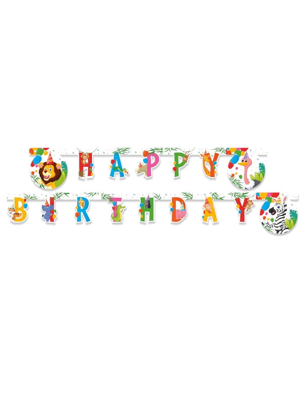 Guirlande en carton happy birthday jungle balloons animaux safari pour anniversaire multicolore