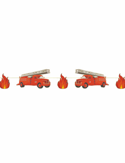 Guirlande en carton Pompier pour enfant rouge avec camions et flammes