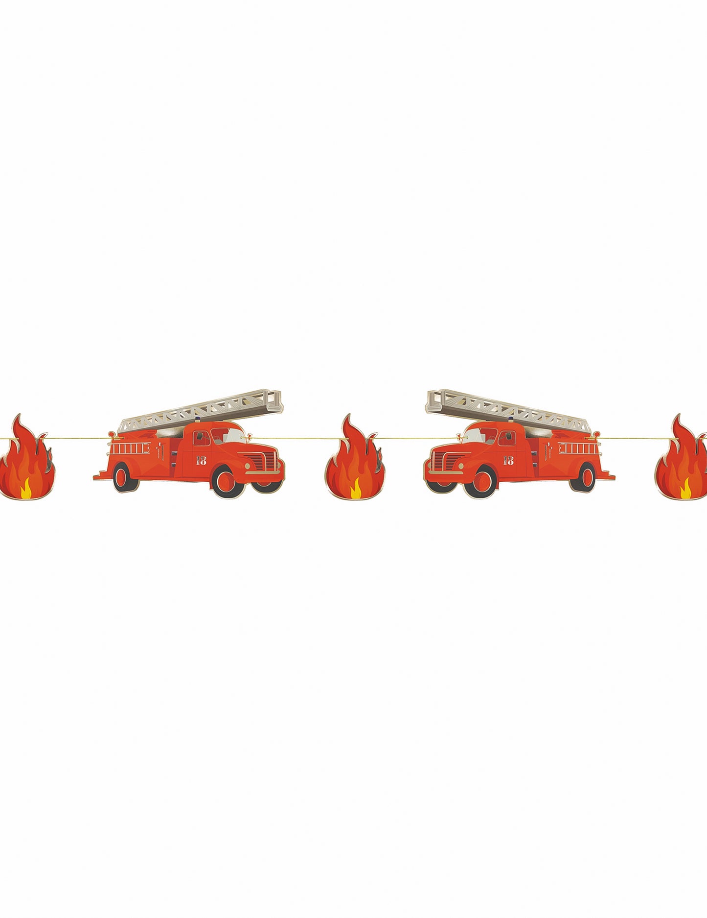 Guirlande en carton Pompier pour enfant rouge avec camions et flammes
