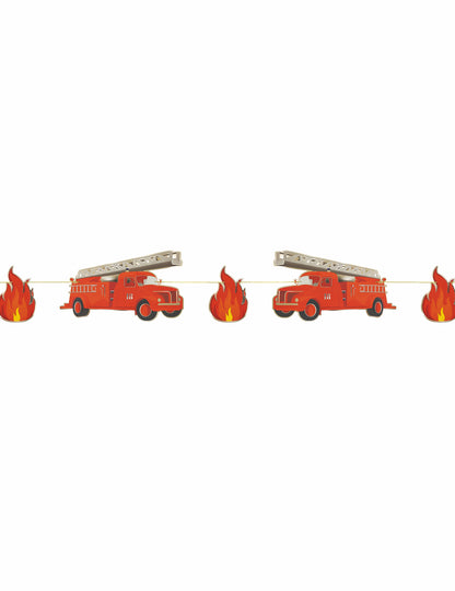 Guirlande en carton Pompier pour enfant rouge avec camions et flammes