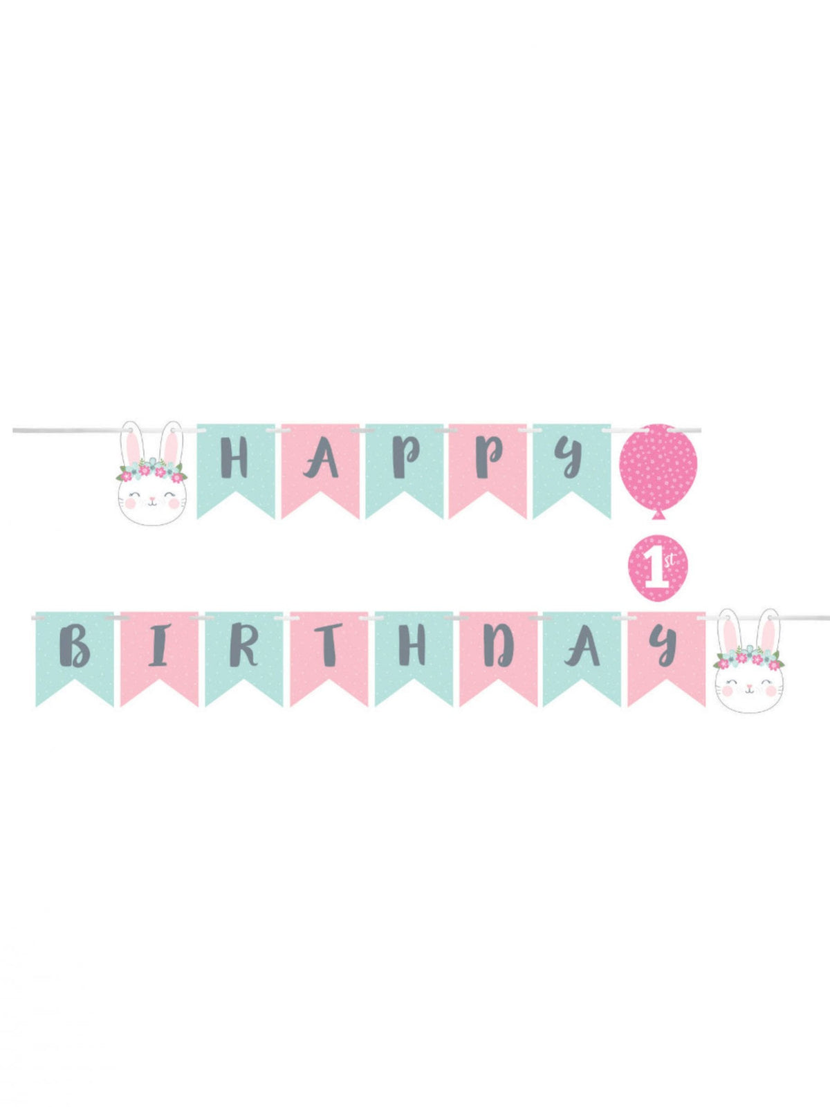 Guirlande happy birthday petit lapin pour 1er anniversaire rose et bleu pastel