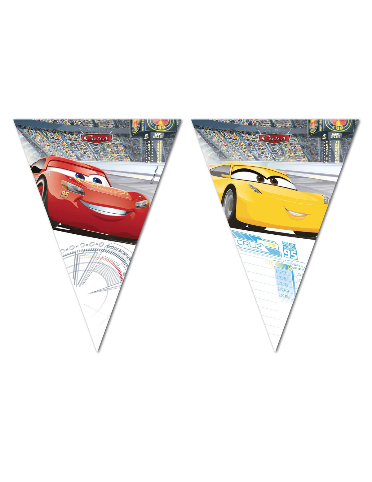 Guirlande fanions Cars 3 pour enfant rouge et jaune avec Flash McQueen et Cruz Ramirez