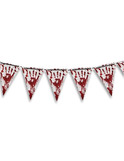 Guirlande fanions en papier Halloween ensanglanté pour décoration blanche avec traces de mains rouges
