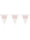 Guirlande fanions en plastique Happy Birthday blanche et rose à pois