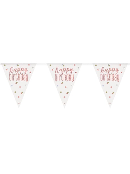 Guirlande fanions en plastique Happy Birthday blanche et rose à pois