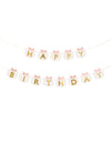 Guirlande happy birthday chatons pour enfant blanche aux nœuds roses et lettres dorées