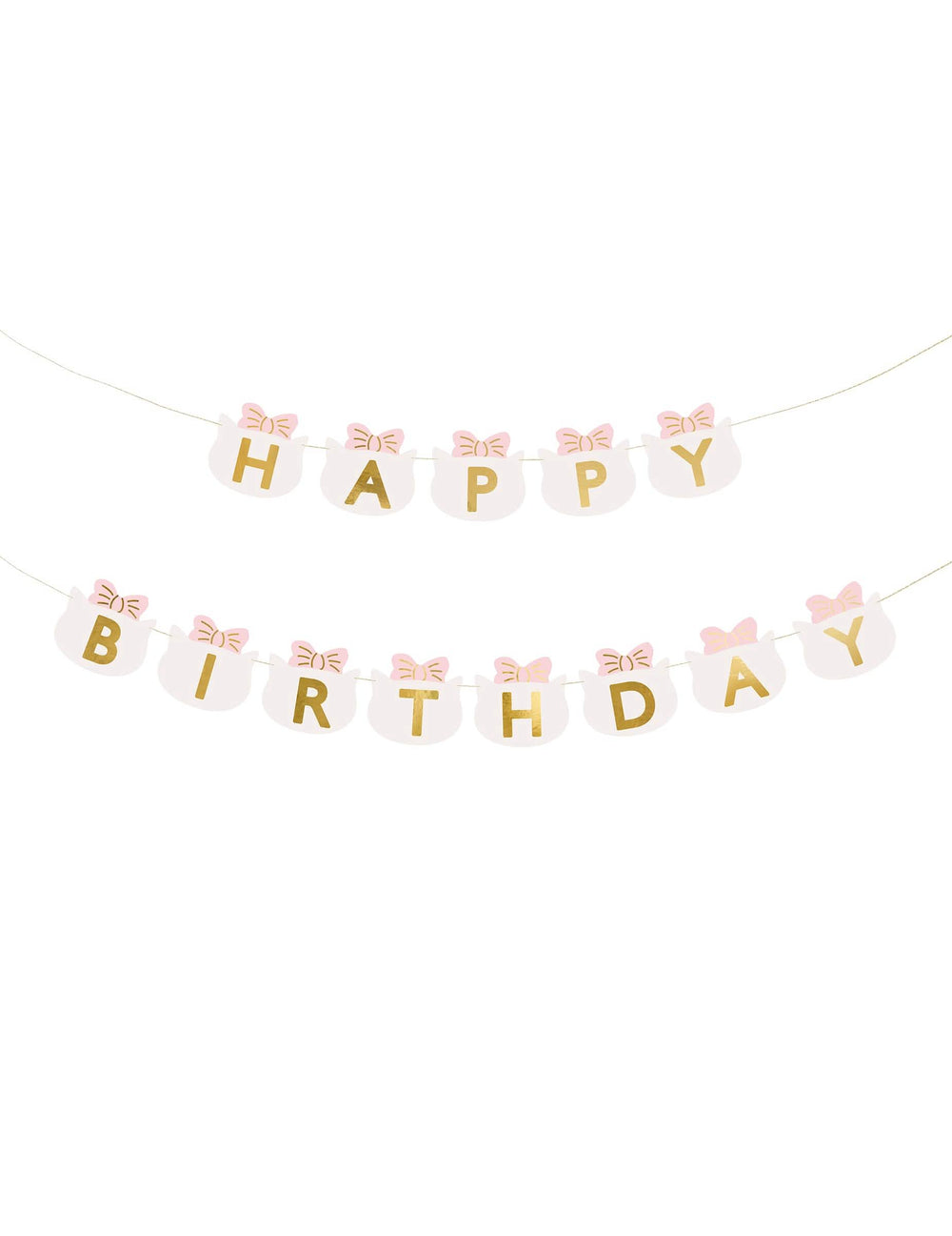 Guirlande happy birthday chatons pour enfant blanche aux nœuds roses et lettres dorées