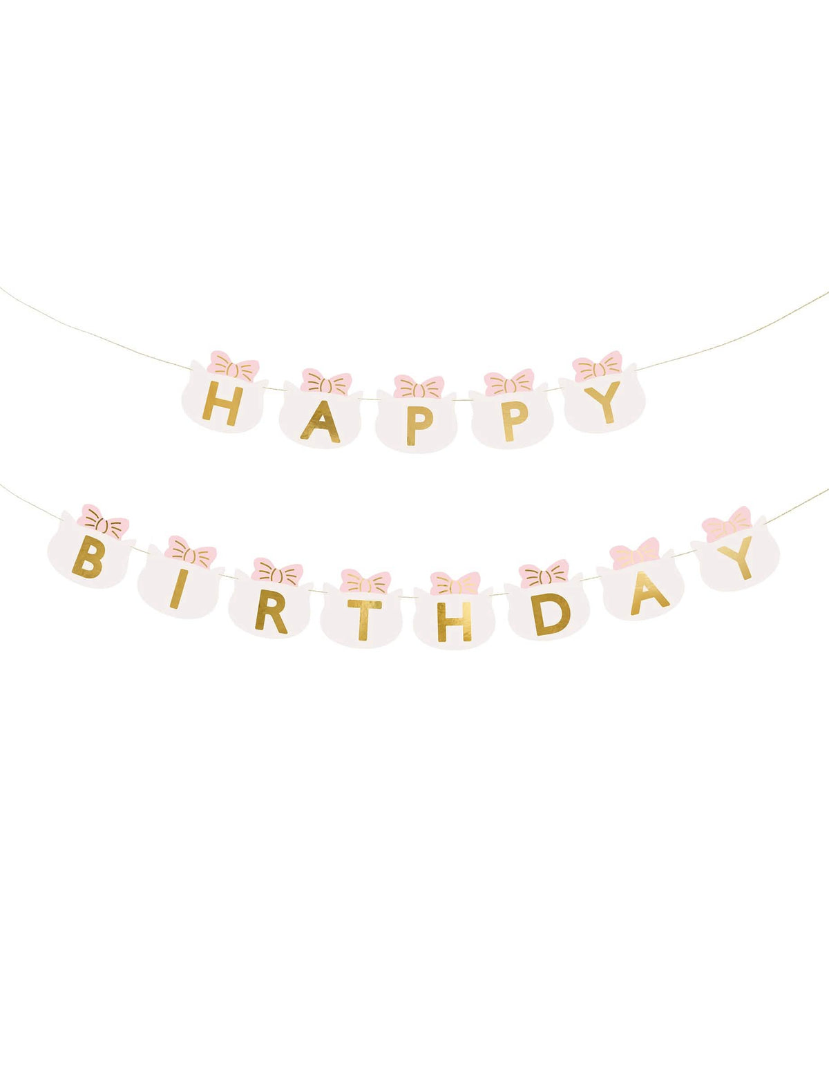 Guirlande happy birthday chatons pour enfant blanche aux nœuds roses et lettres dorées