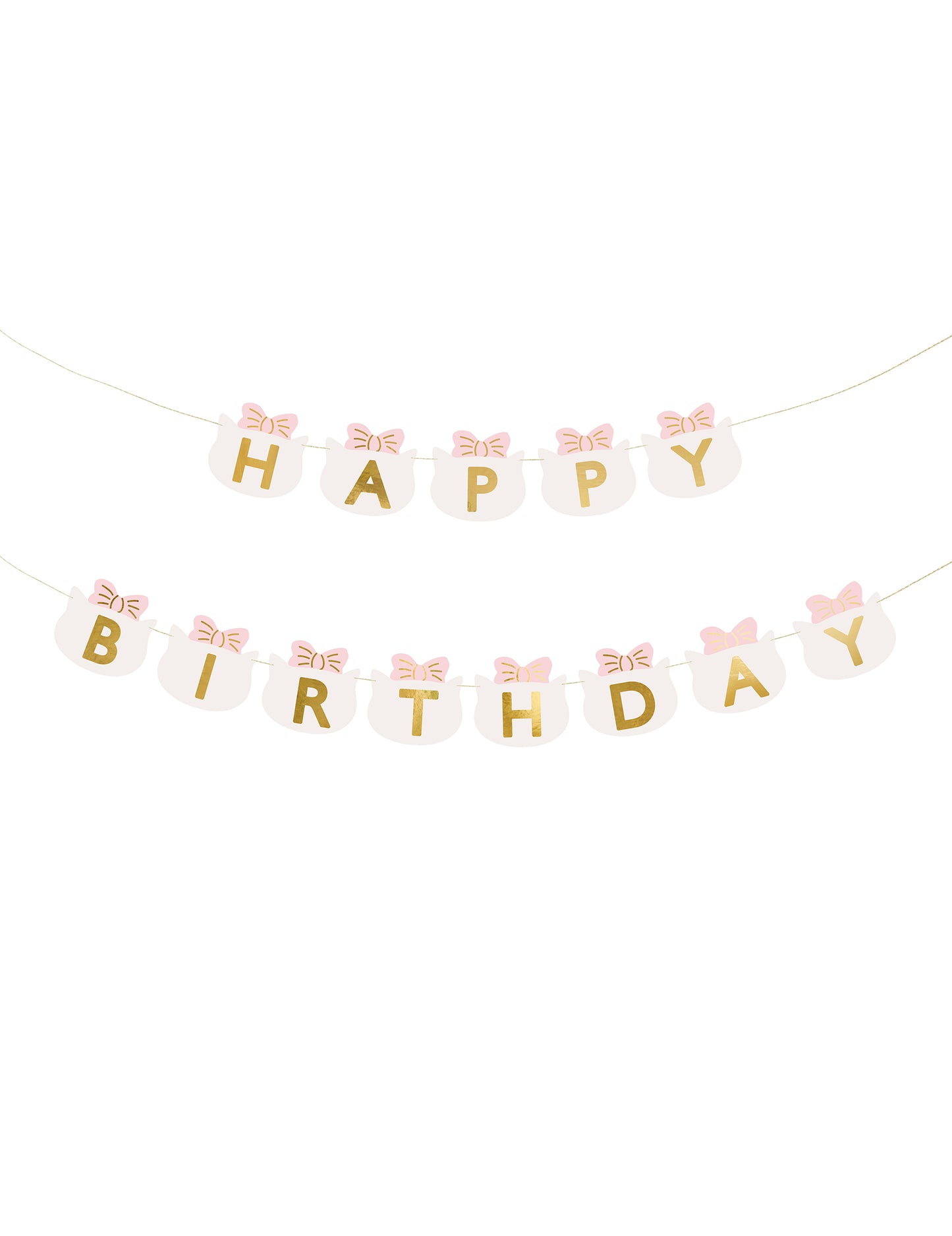 Guirlande happy birthday chatons pour enfant blanche aux nœuds roses et lettres dorées
