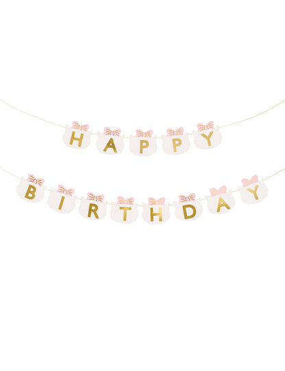 Guirlande happy birthday chatons pour enfant blanche aux nœuds roses et lettres dorées