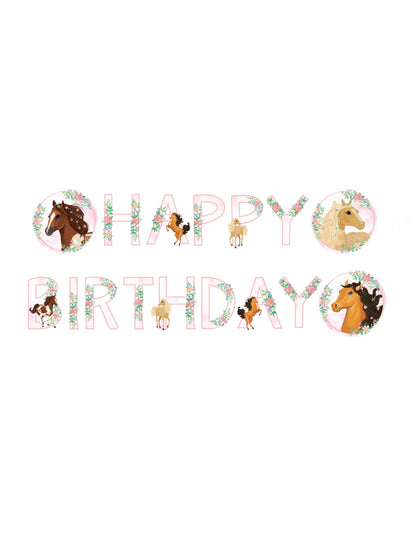 Guirlande happy birthday joli cheval pour enfant rose en carton avec fleurs