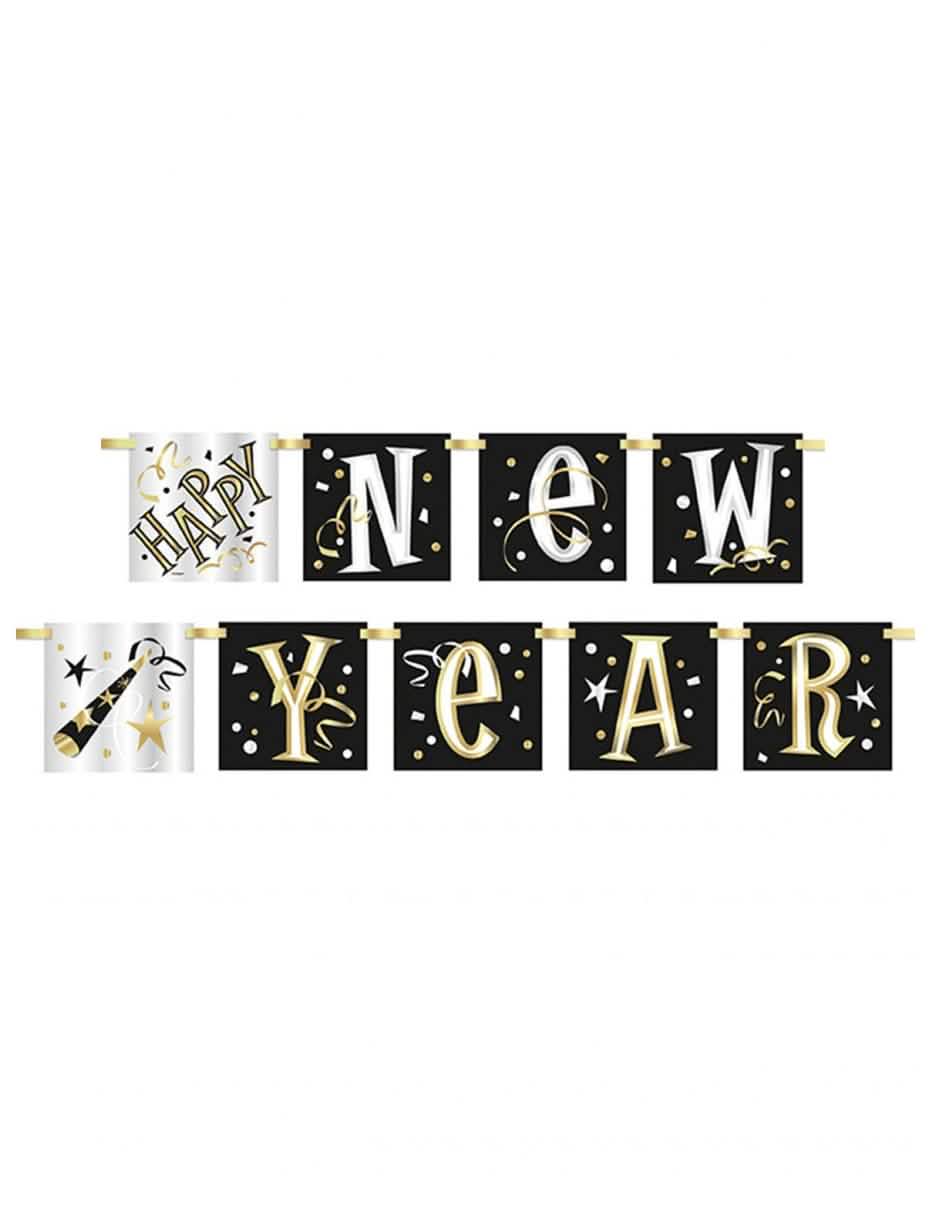 Guirlande en carton Happy New Year pour fête noir blanc et or