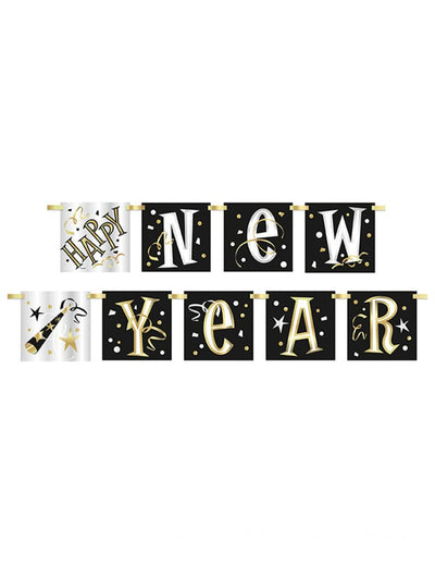 Guirlande en carton Happy New Year pour fête noir blanc et or