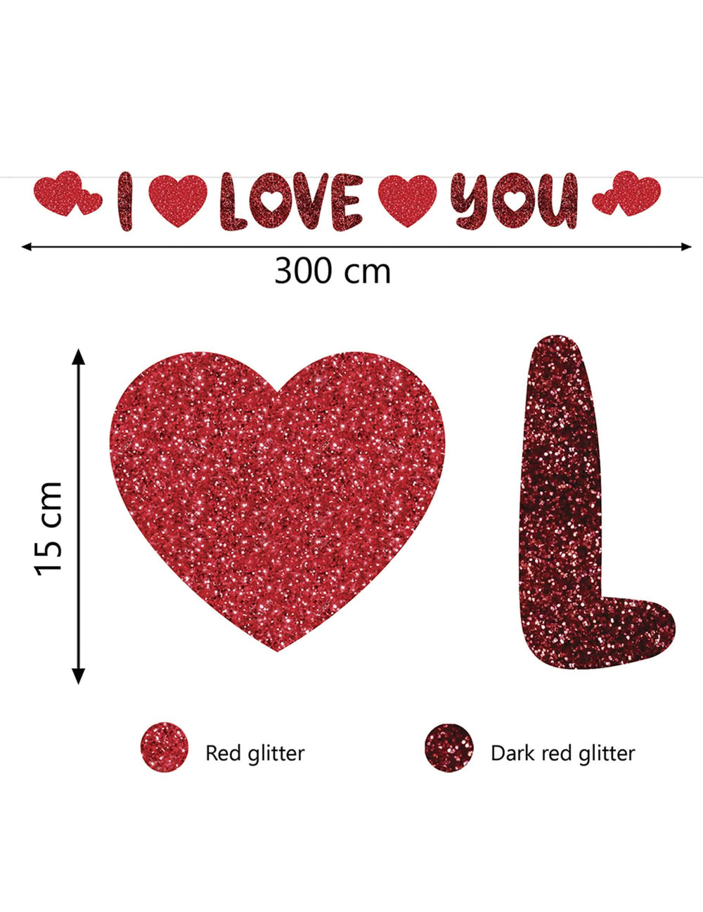 Dimensions et détails des paillettes de la guirlande en carton cœur I love you
