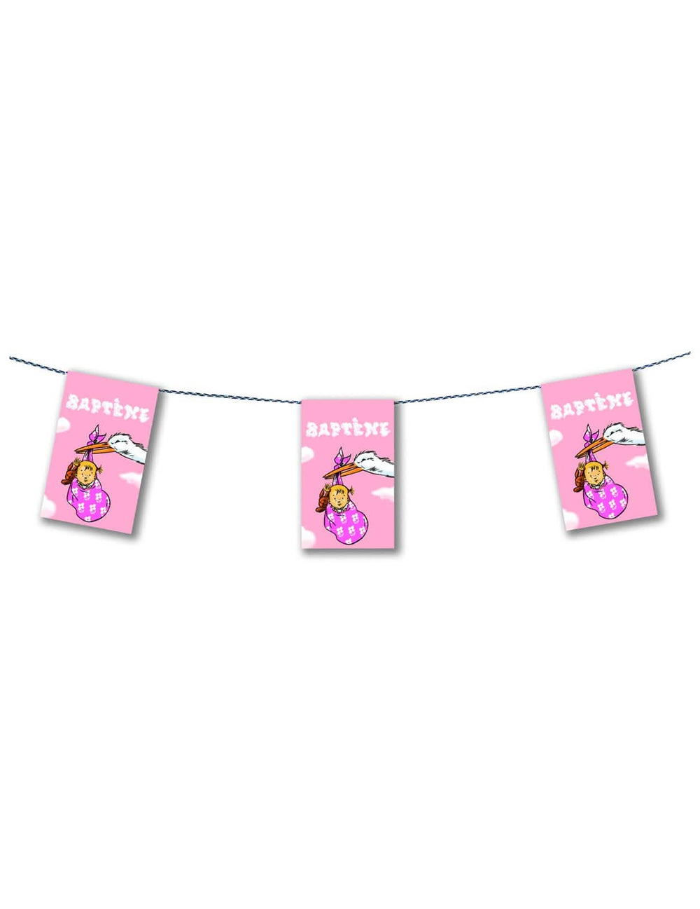 Guirlande papier baptême pour fille rose avec cigogne