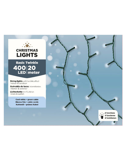 Détail de l'emballage de la guirlande lumineuse 400 led pour décoration blanc froid 20 m 8 fonctions