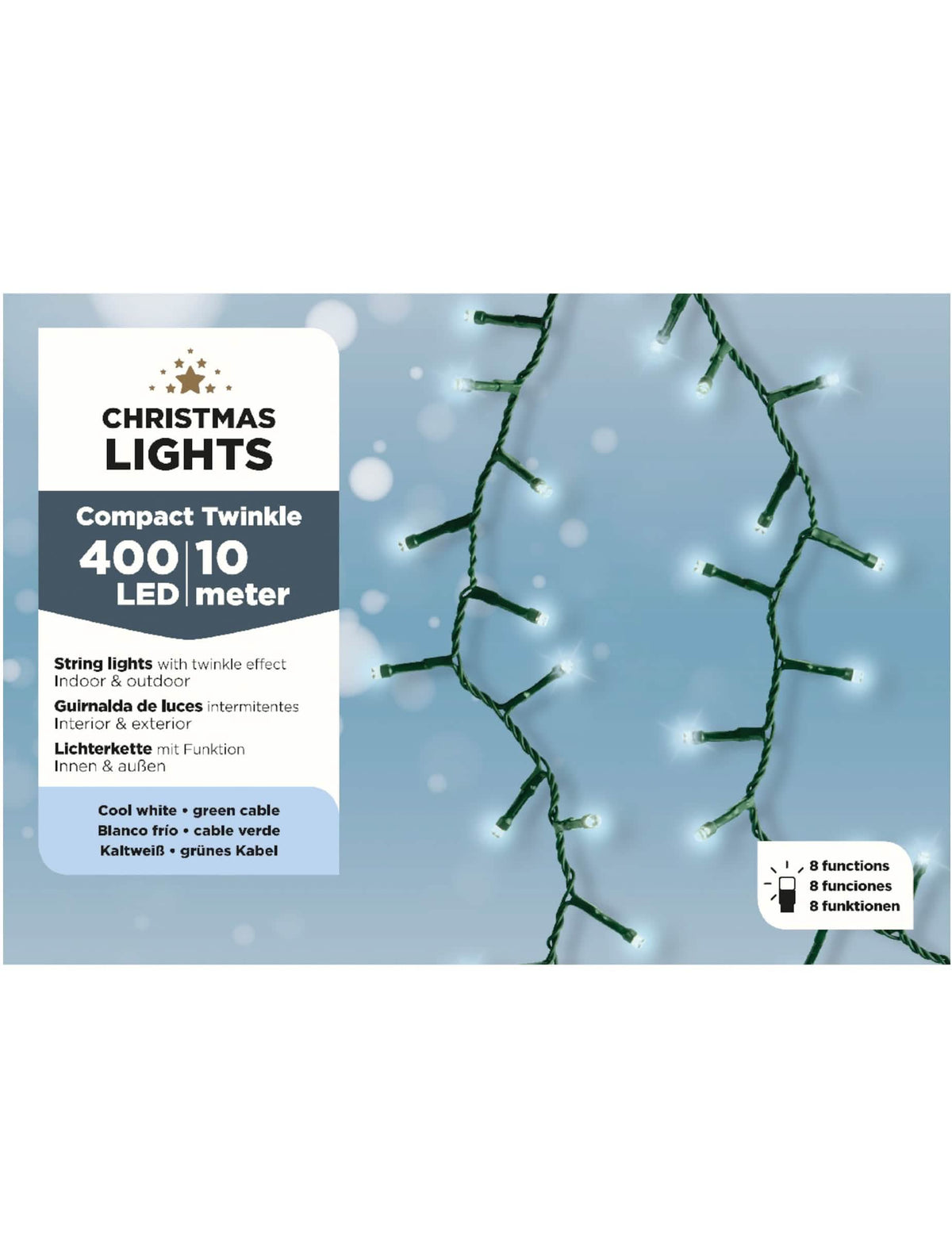 400 LED -valoketjun polttimoiden yksityiskohdat valkoiseen koristeluun 10 m, 8 toimintoa