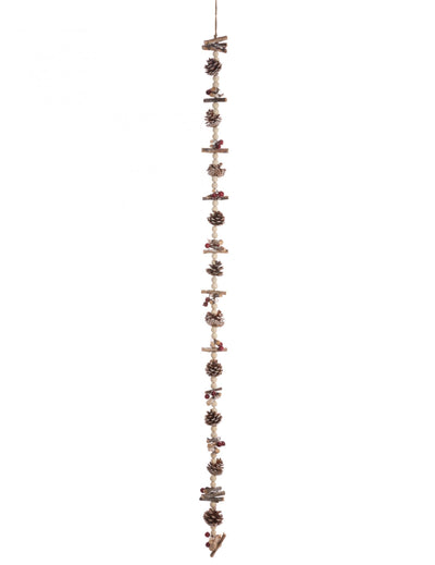 Guirlande de perles bois et pommes de pin décoration nature marron et beige avec baies rouges