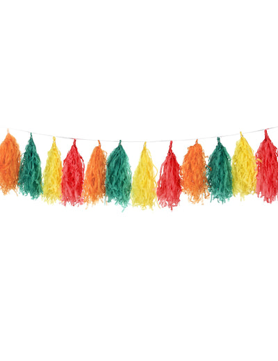Guirlande tassel 16 pompons pour décoration multicolore orange vert jaune et rouge