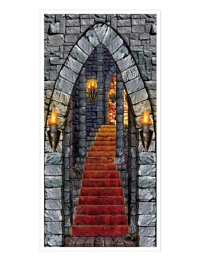 Décoration de porte château pour fête avec pierres et escalier tapis rouge