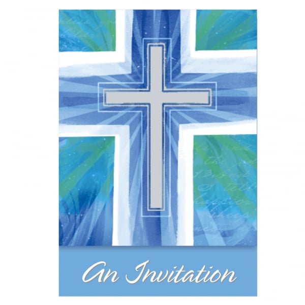 Cartons d'invitation communion bleus avec motif de croix argentée et enveloppes