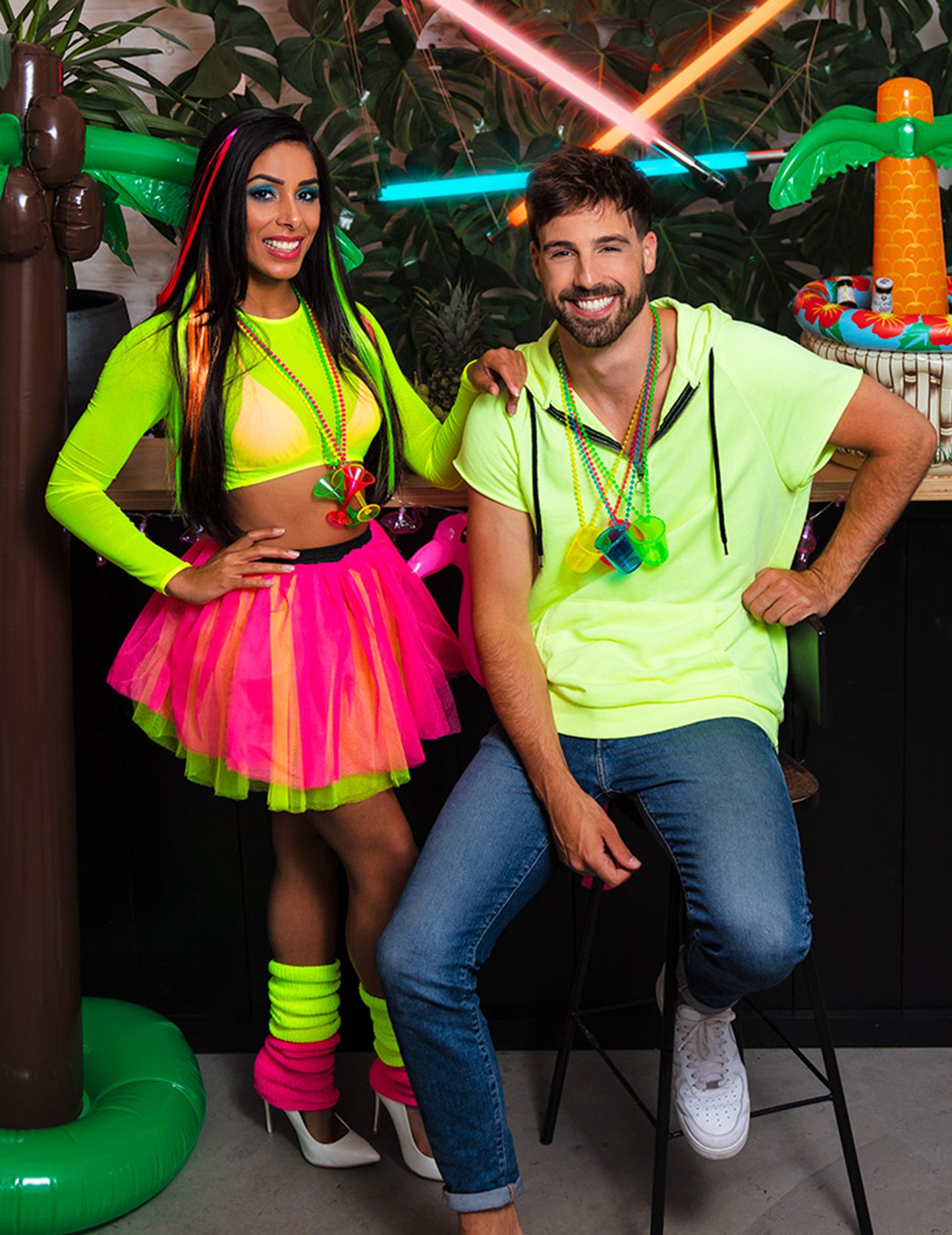Mise en situation festive des jambières jaunes fluo pour femme