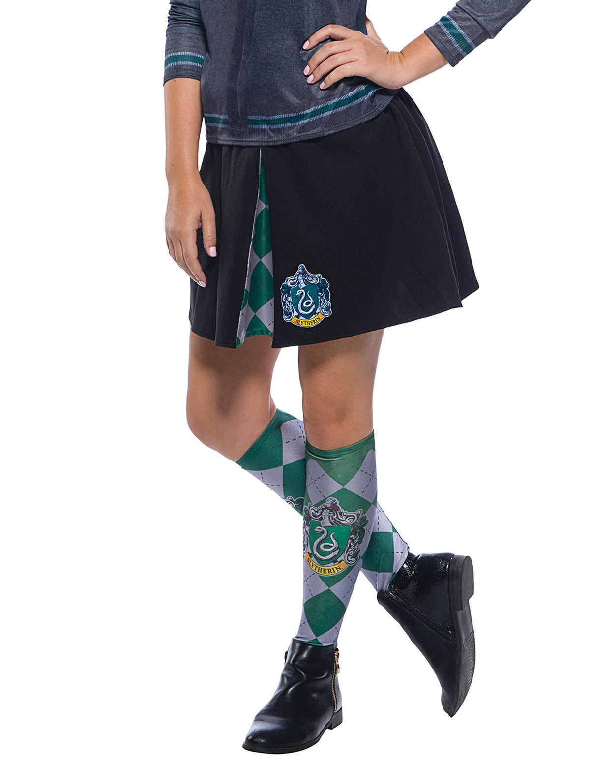 Harry Potter™-Aikuisten Serpentard-hame, musta, jossa on vaakuna ja vihreä ja harmaa ruutukuvio