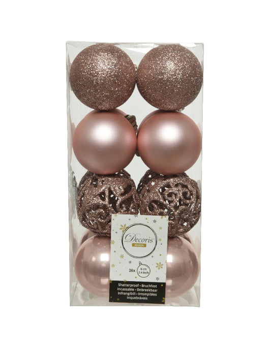 Vue de face de la boîte de boules de Noël pour décoration rose gold brillantes et mates