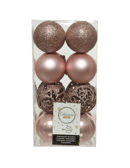 Vue de face de la boîte de boules de Noël pour décoration rose gold brillantes et mates