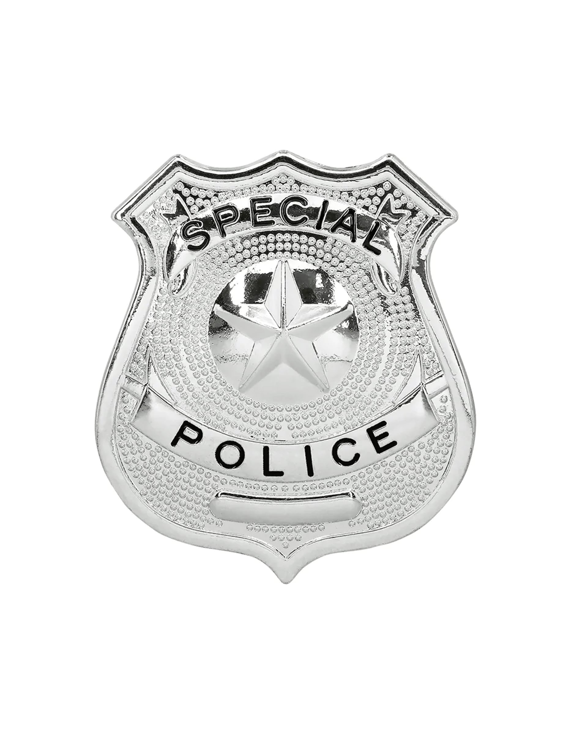 Vue de face du badge argenté du kit 3 accessoires policier