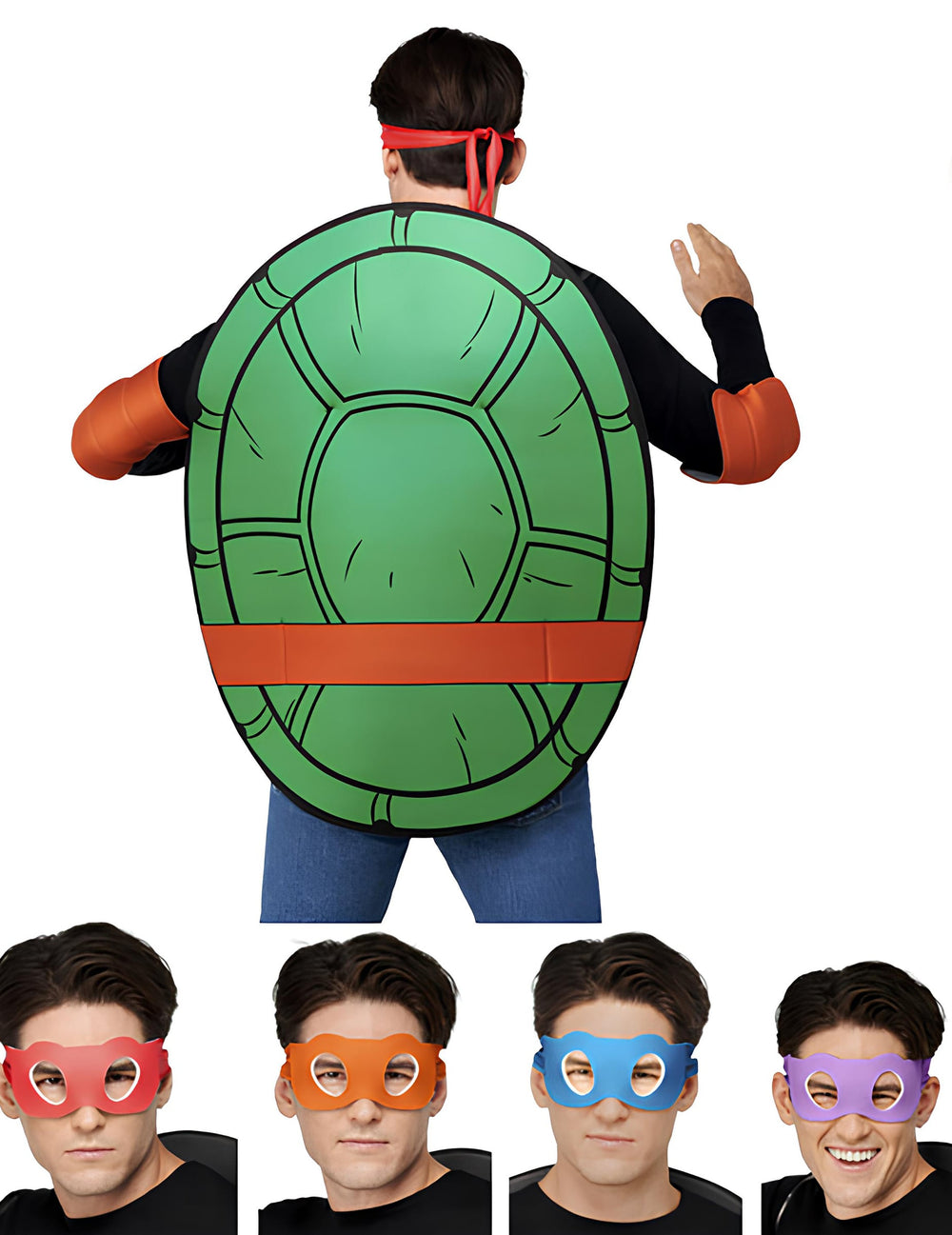Kit accessoires de déguisement Tortues Ninja pour adulte 4 en 1 avec carapace verte et masques colorés