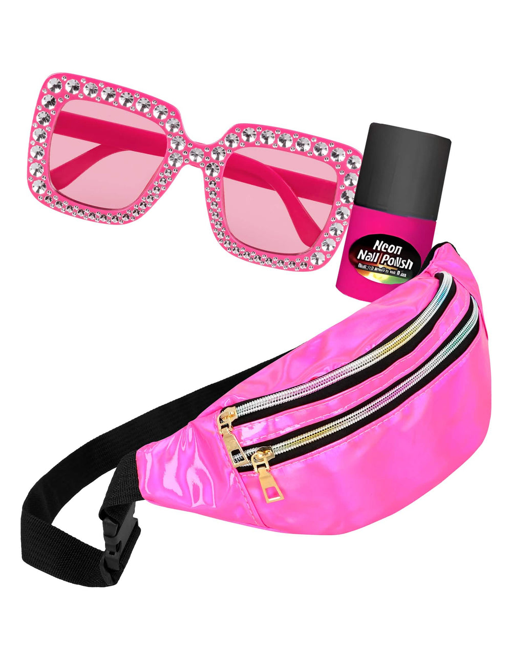 Kit accessoires fluo pour adulte rose avec banane lunettes à strass et vernis