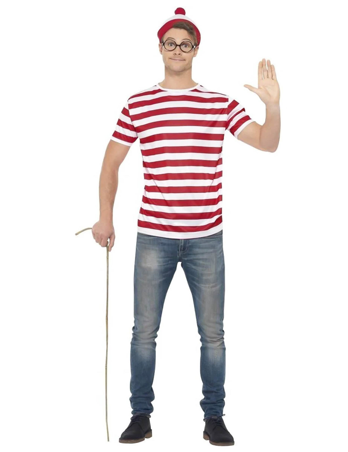 Aikuisten Where's Wally™ -asustesetti, jossa punaiset ja valkoiset raidat sekä pipo ja silmälasit