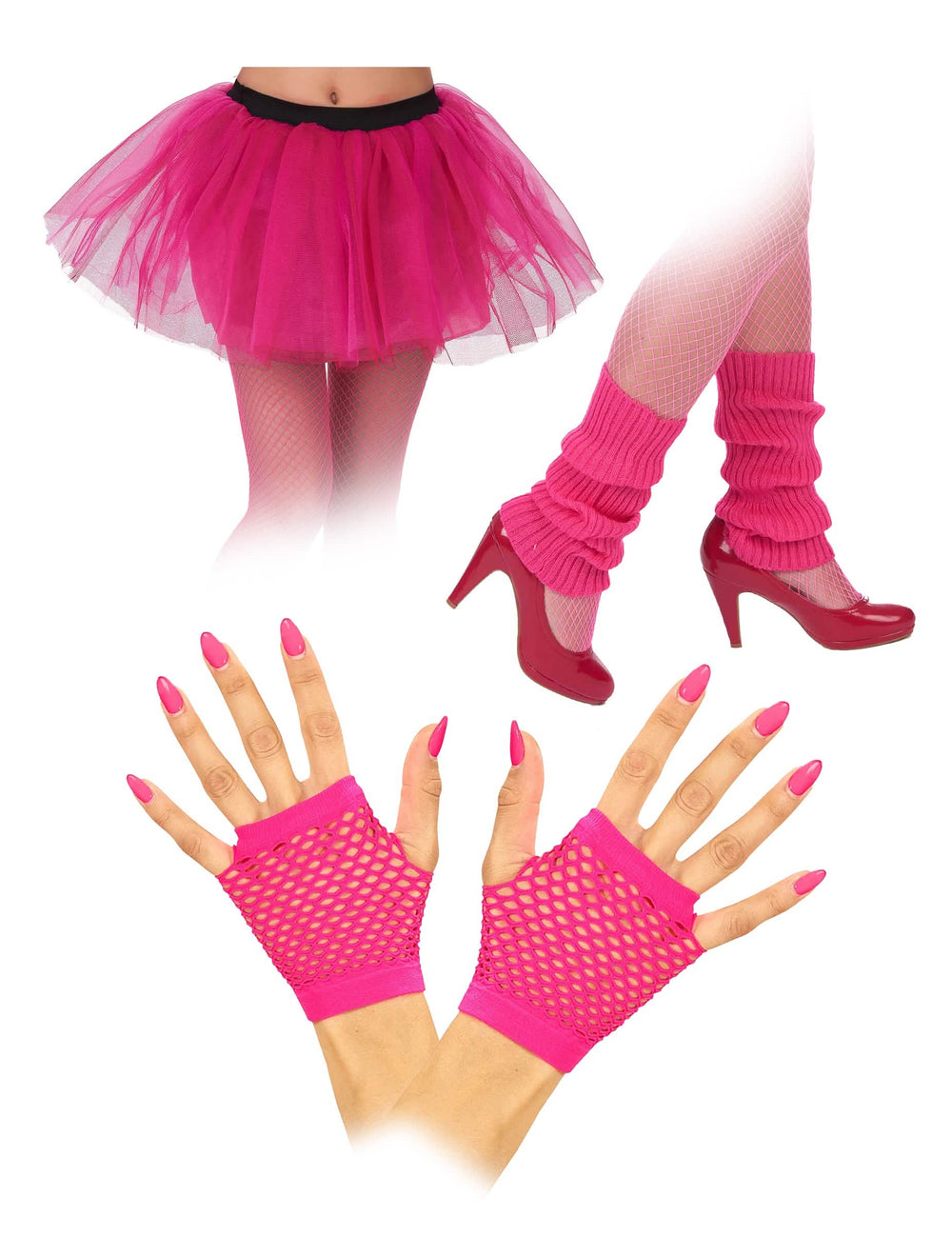 Kit accessoires années 80 pour adulte rose fluo avec tutu jambières et mitaines